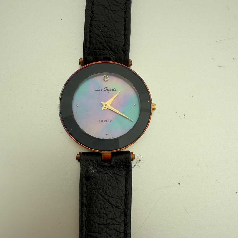 Vintage Lee Sands Mother of Pearl Quartz Analog Wristwatch Black Leather Strap